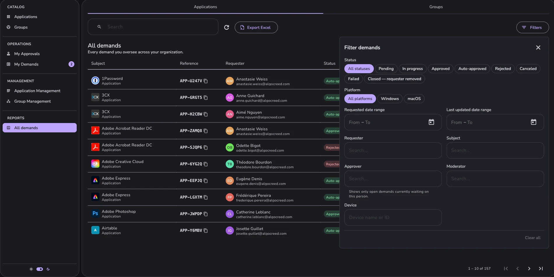 The filter panel open over All demands: status, platform, request and last-update periods, requester, subject, approver, moderator and device.