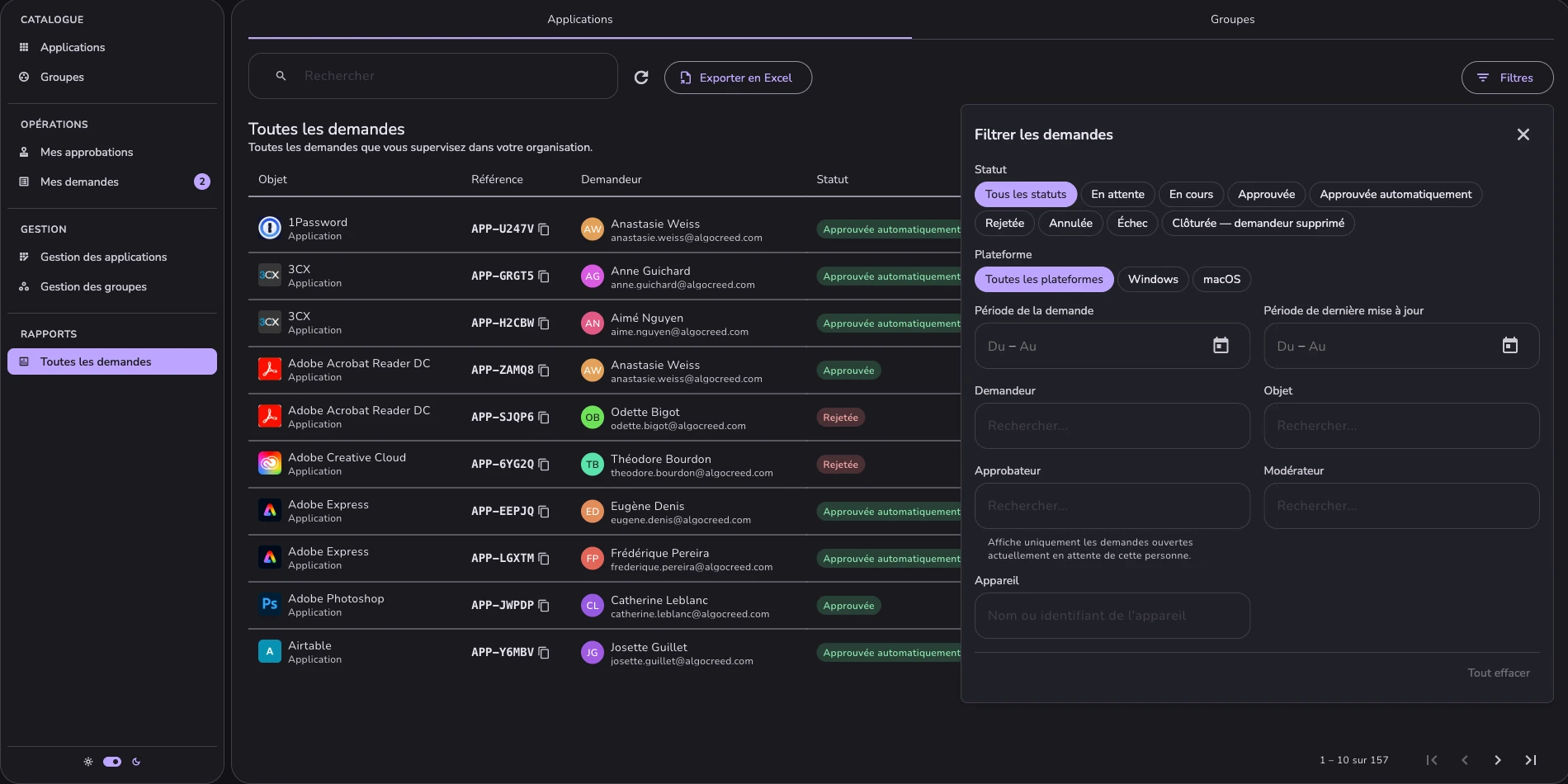Le panneau de filtres ouvert sur Toutes les demandes : statut, plateforme, période de la demande et de dernière mise à jour, demandeur, objet, approbateur, modérateur et appareil.