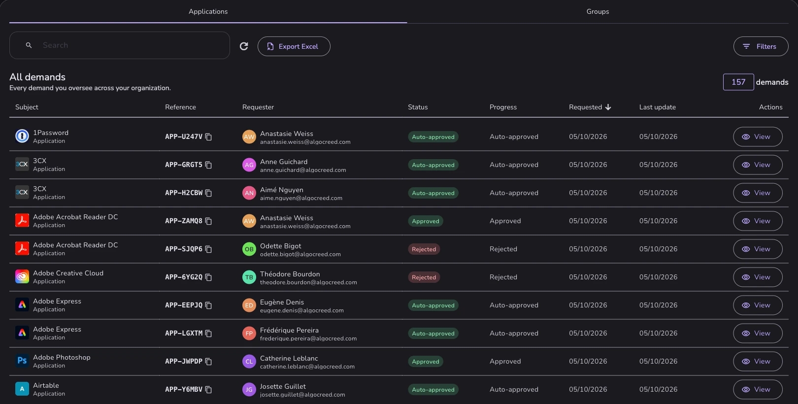 All demands: every request across the organization, with search, Export Excel, filters, and a table of subject, reference, requester, status and progress.