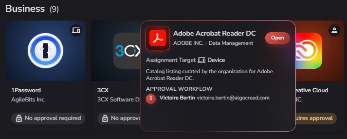 A preview of an application showing its assignment target and its approval workflow.