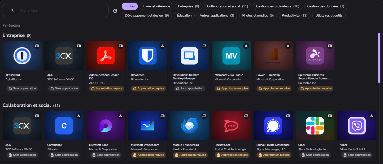 Le catalogue d’applications : recherche, catégories, et cartes indiquant si chaque application nécessite une approbation.