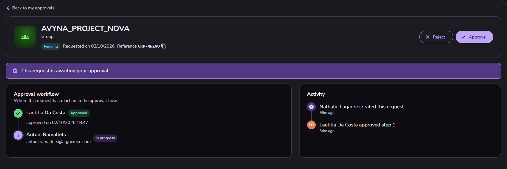 Reviewing a request: the Reject and Approve buttons, the approval workflow with one step approved and one in progress, and the activity trail.