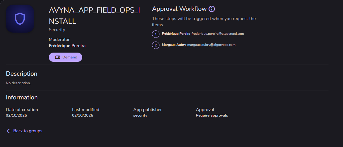 A group’s page: its moderator and its approval workflow of two steps, with named approvers.