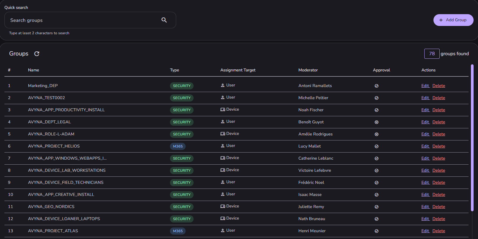 Group management: every published group with its type, assignment target, moderator and approval setting, and an Add Group button.