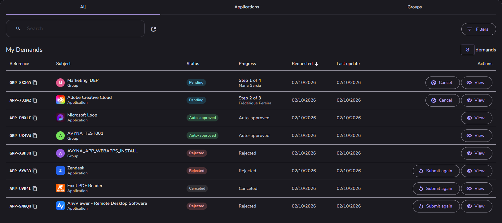 My Demands: your requests with status, progress by step, dates, and the Cancel, View and Submit again buttons.