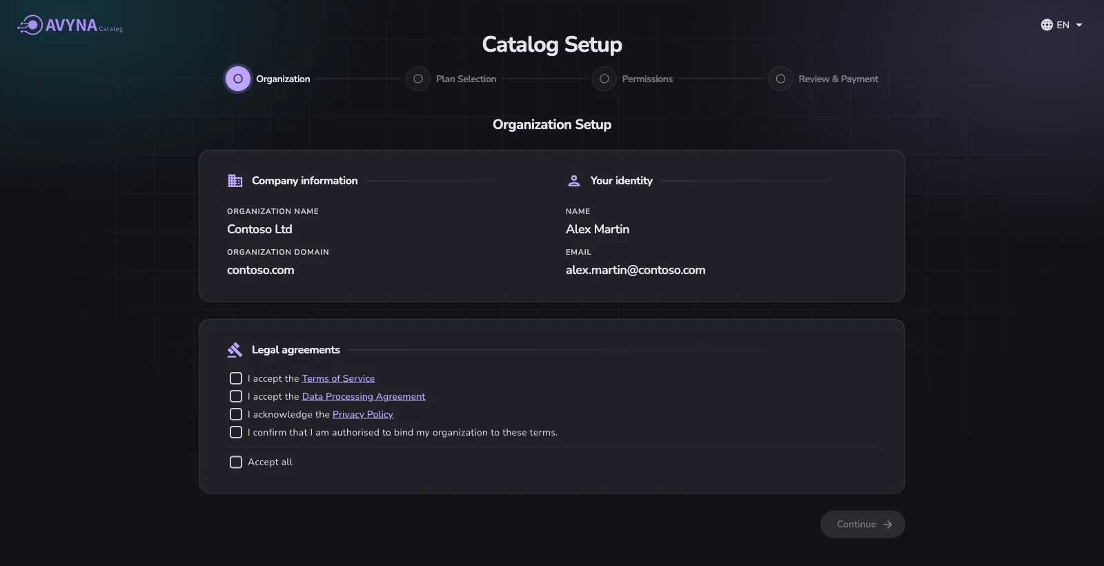 Setup step one: the organization name and domain and the signed-in user’s name and email, beside the Terms of Service, Data Processing Agreement, Privacy Policy and the confirmation of authority to accept them.