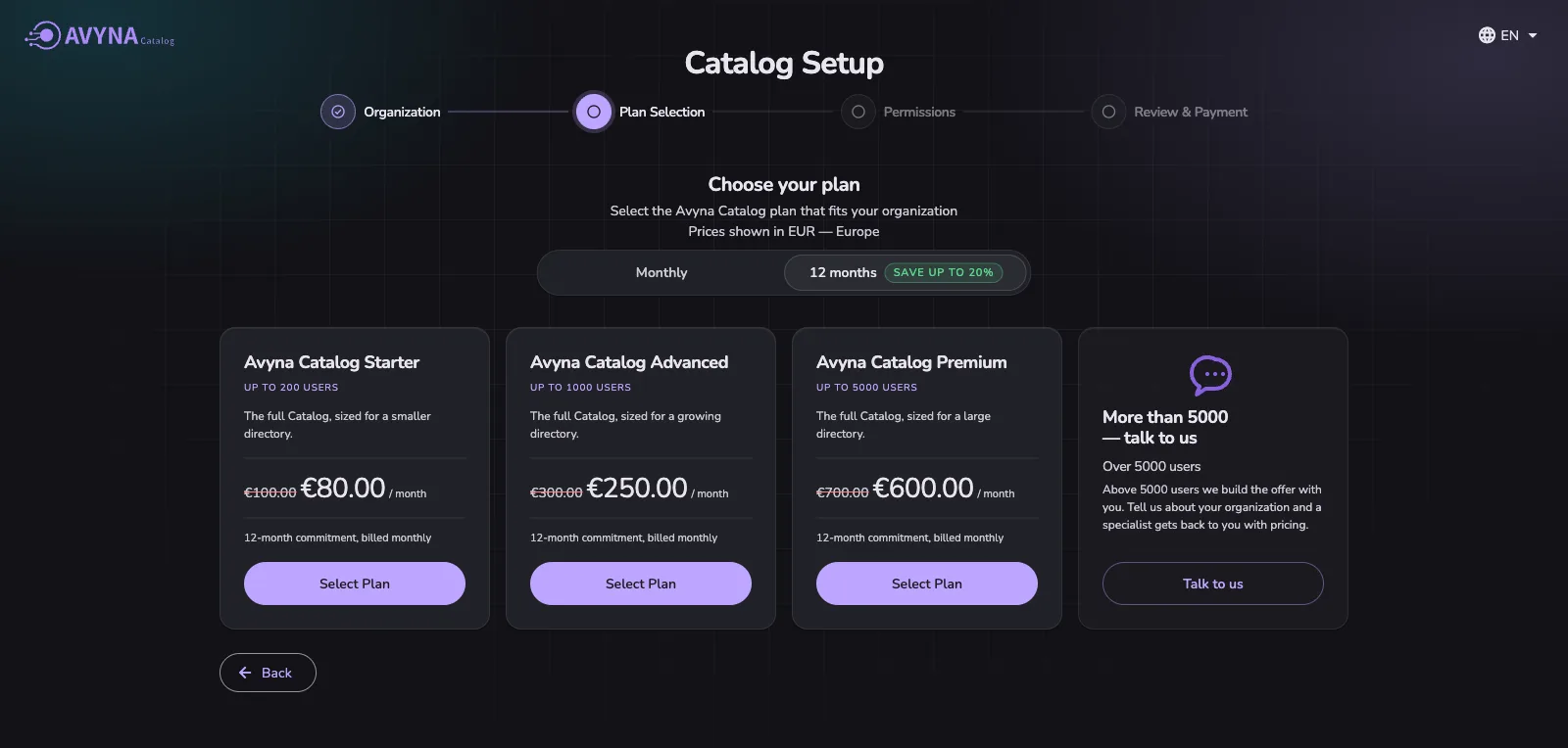 Setup step two: the plans by user limit, the monthly and twelve-month choice, and a card for organizations above the largest plan.