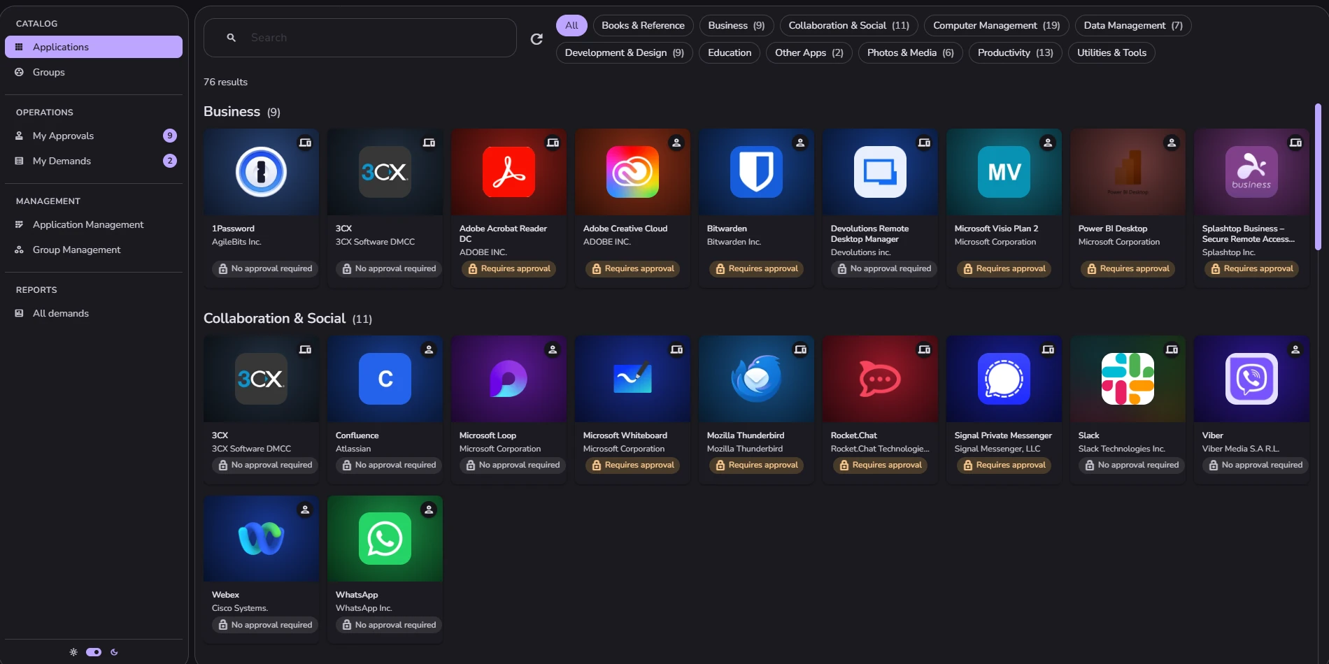 The Catalog workspace: the sidebar with Applications, Groups, My Approvals, My Demands, management and reports, and the catalog of applications to request.
